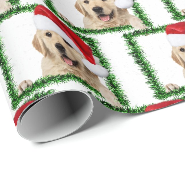 Golden Retriever in green tinsel frame Wrapping Paper (Roll Corner)