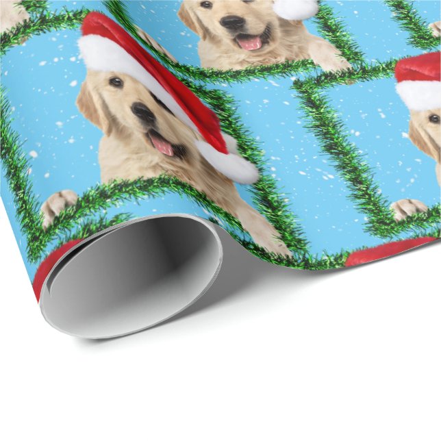 Golden Retriever in green tinsel frame Wrapping Paper (Roll Corner)