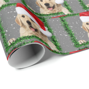 Golden Retriever in green tinsel frame Wrapping Paper