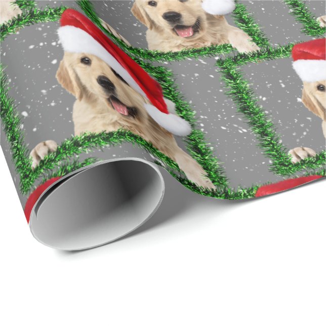 Golden Retriever in green tinsel frame Wrapping Paper (Roll Corner)