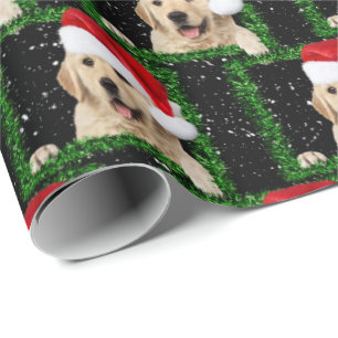 Golden Retriever in green tinsel frame Wrapping Paper