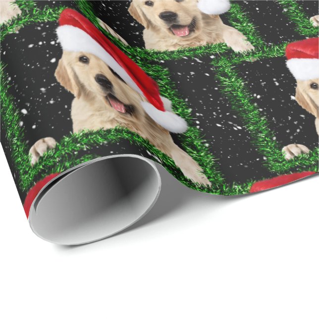 Golden Retriever in green tinsel frame Wrapping Paper (Roll Corner)