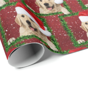 Golden Retriever in green tinsel frame Wrapping Paper