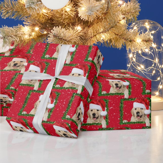Golden Retriever In Green Tinsel Wrapping Paper (Holidays)