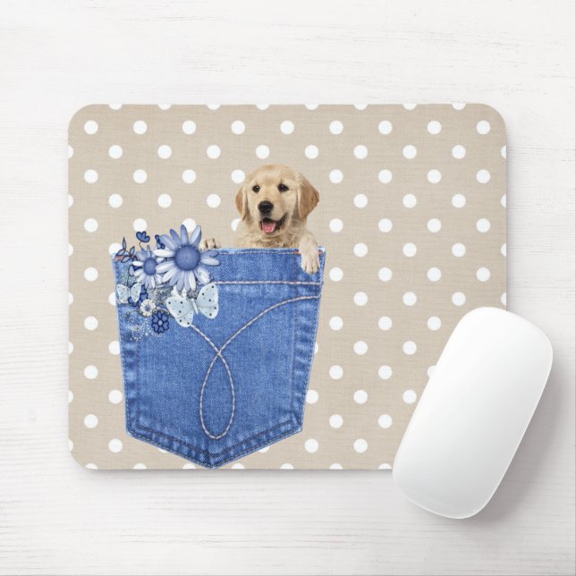 Golden Retriever In Jean Pocket Mouse Mat (With Mouse)