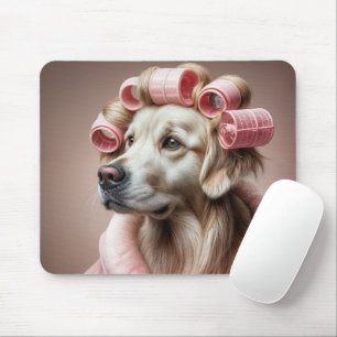 Golden Retriever In Pink Hair Curlers Mouse Mat