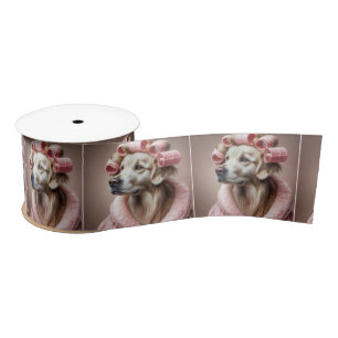 Golden Retriever In Pink Hair Curlers Satin Ribbon
