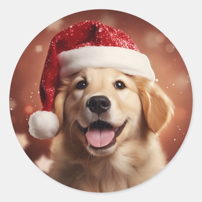 Golden Retriever in Santa Hat Classic Round Sticker (Front)