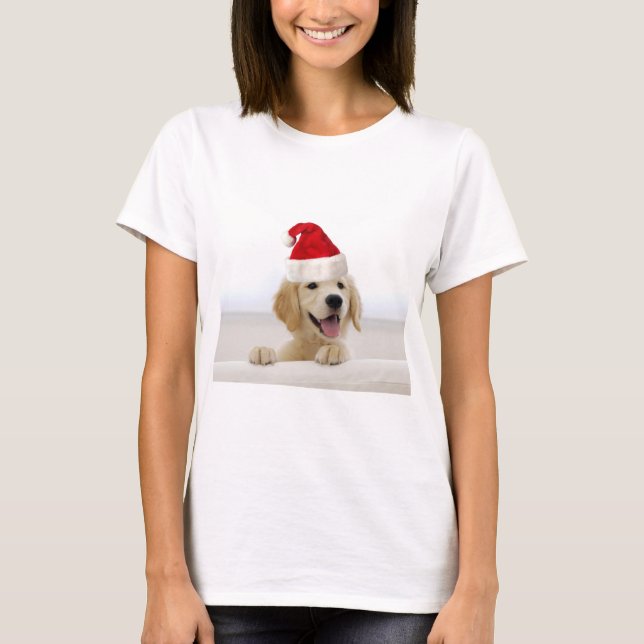 Golden Retriever In Santa Hat T Shirts (Front)