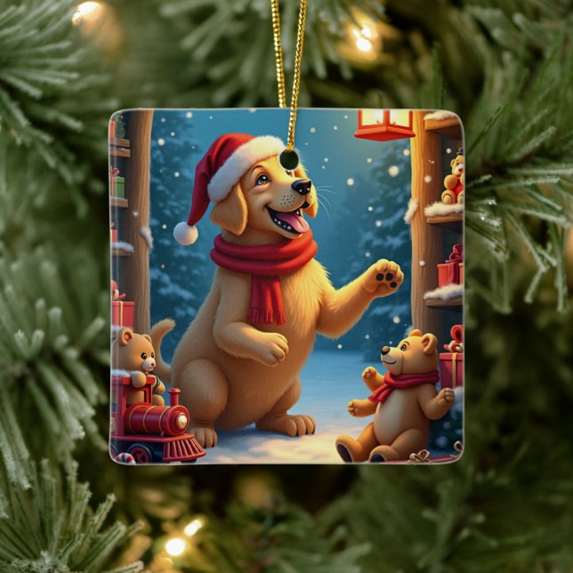 Golden Retriever in Santa’s Workshop Christmas Ceramic Ornament (Tree)