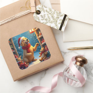 Golden Retriever in Santa’s Workshop Christmas Square Sticker