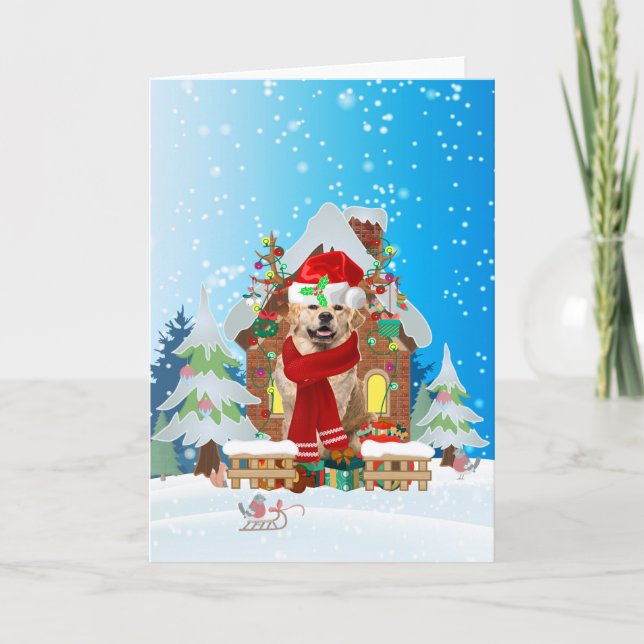 Golden Retriever in snow with Christmas gifts  Card (Front)