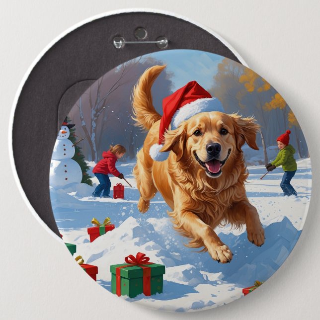 Golden Retriever in Snow with Christmas Hat 6 Cm Round Badge (Front & Back)