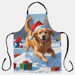 Golden Retriever in Snow with Christmas Hat Apron