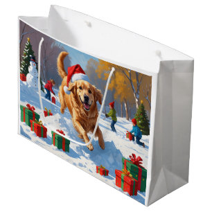 Golden Retriever in Snow with Christmas Hat Large Gift Bag