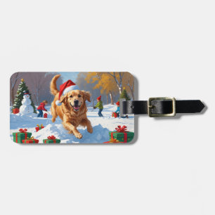 Golden Retriever in Snow with Christmas Hat Luggage Tag