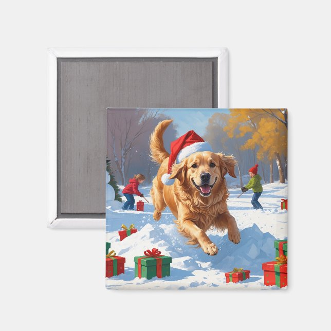 Golden Retriever in Snow with Christmas Hat Magnet (Front/Back)