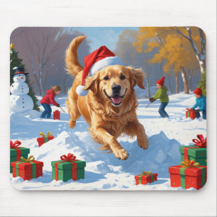 Golden Retriever in Snow with Christmas Hat Mouse Mat