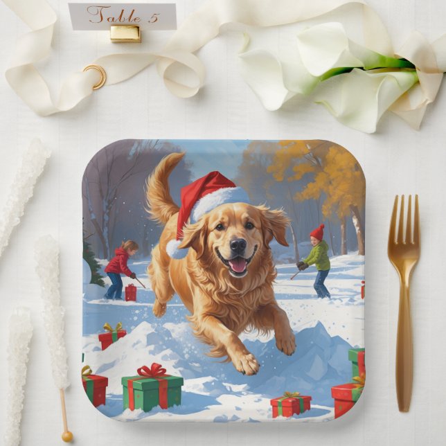 Golden Retriever in Snow with Christmas Hat Paper Plate (Wedding)