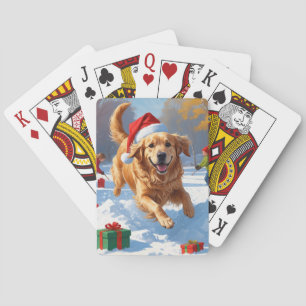 Golden Retriever in Snow with Christmas Hat Playing Cards