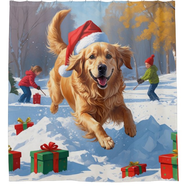 Golden Retriever in Snow with Christmas Hat Shower Curtain (Front)
