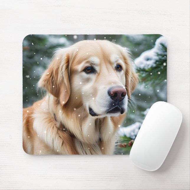 Golden Retriever In Snowflakes Mouse Mat (With Mouse)