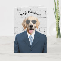 golden retriever in suit retirement