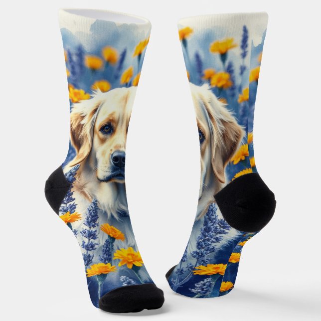 Golden Retriever in the flowers Socks (Angled)