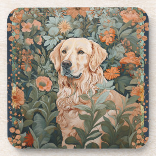 Golden Retriever in the Style of William Morris Coaster
