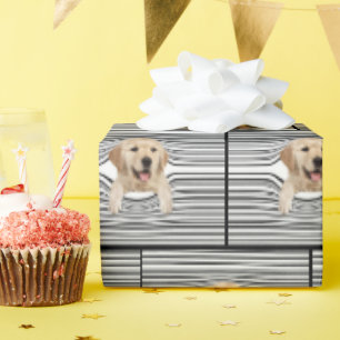 golden retriever in warped lines wrapping paper