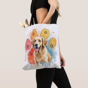 Golden Retriever in Watercolor Paw Print Tote Bag