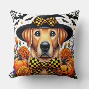 Golden Retriever in Witch Hat by Pumpkins Cushion
