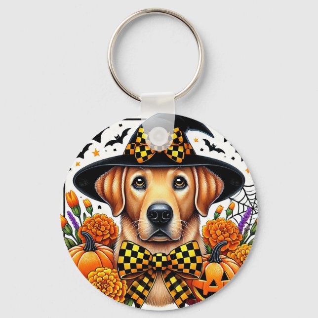 Golden Retriever in Witch Hat by Pumpkins Key Ring (Front)
