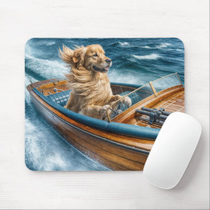 Golden Retriever In Wooden Motor Boat Mouse Mat