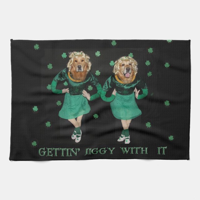 Golden Retriever Irish Stepdancers Tea Towel (Horizontal)