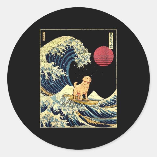 Golden Retriever Japanese Kanagawa Wave Funny Surf Classic Round Sticker (Front)