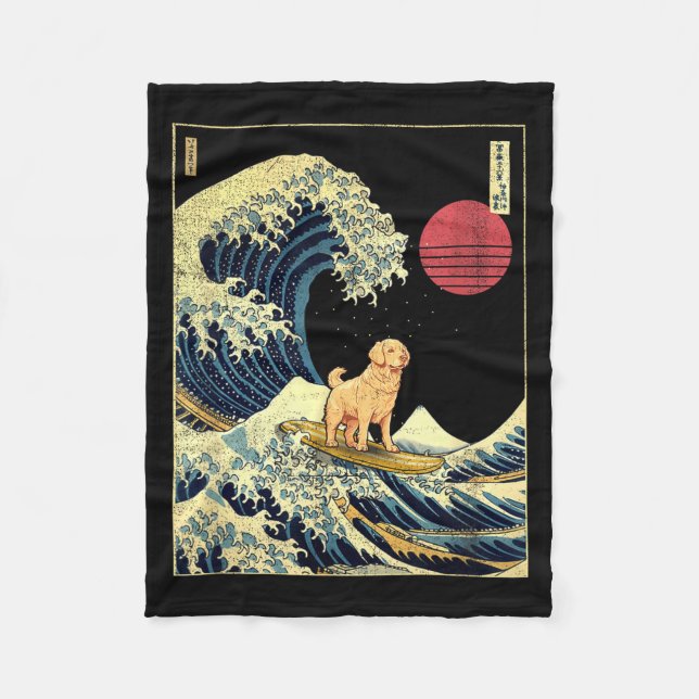 Golden Retriever Japanese Kanagawa Wave Funny Surf Fleece Blanket (Front)