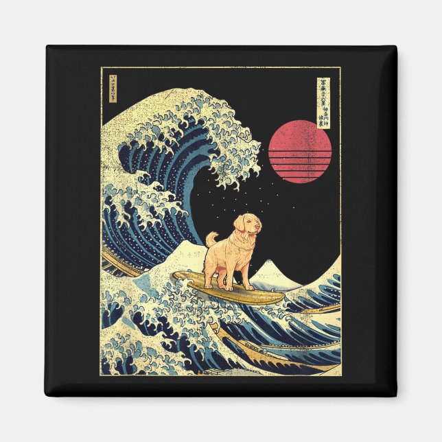 Golden Retriever Japanese Kanagawa Wave Funny Surf Magnet (Front)