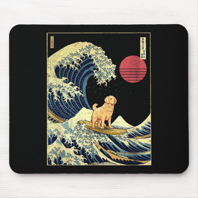Golden Retriever Japanese Kanagawa Wave Funny Surf Mouse Mat (Front)