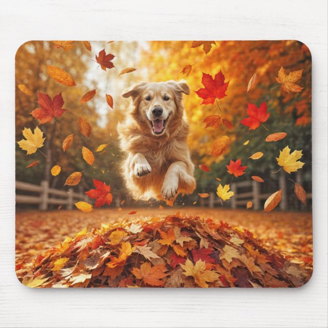 Golden Retriever Jumping In Autumn Leaf Pile Mouse Mat (Front)