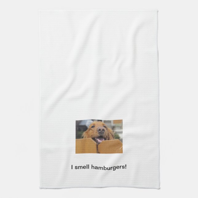 Golden Retriever Kitchen Towel, I Smell Hamburgers Tea Towel (Vertical)