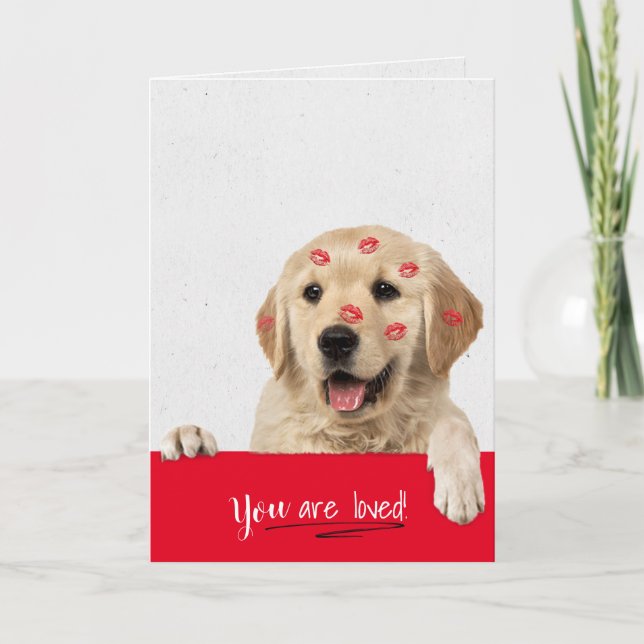 Golden Retriever lipstick kisses Valentine Card (Front)
