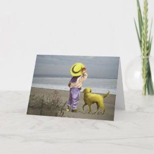 Golden Retriever Little Boy On Beach Greeting Card