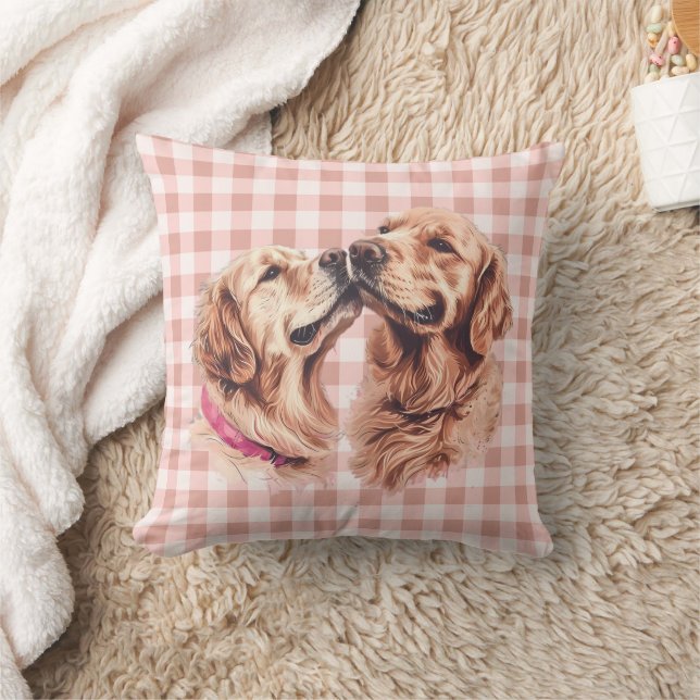 Golden Retriever Love Gingham Pattern Cushion (Blanket)