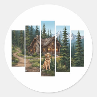 Golden Retriever Mountain Cabin  Classic Round Sticker