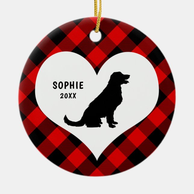 Golden Retriever name + date Red Plaid Ceramic Tree Decoration (Front)