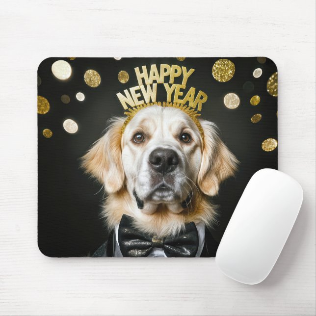 Golden Retriever New Year Tuxedo Mouse Mat (With Mouse)