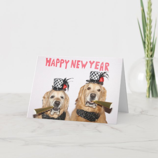Golden Retriever New Years Horns Card (Front)