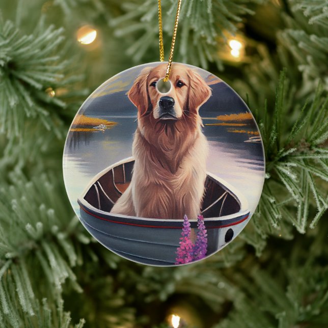 Golden Retriever on a Paddle: A Scenic Adventure Ceramic Tree Decoration (Tree)