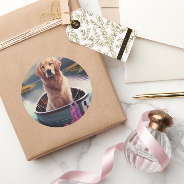 Golden Retriever on a Paddle: A Scenic Adventure Classic Round Sticker (Gifting)